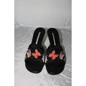 VTG Y2K Donald J Pliner Black Butterfly Embroidered Slide Mules Heels 8.5N